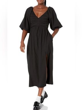 ASTR the Label Juniper Black Textured Midi Dress | Puff Sleeve Side Slit NWT XS